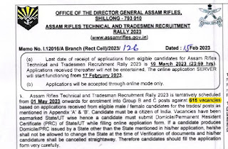 Assam Rifles Technical & Tradesman Recruitment 2023 616 Vacancies; Online Application Form