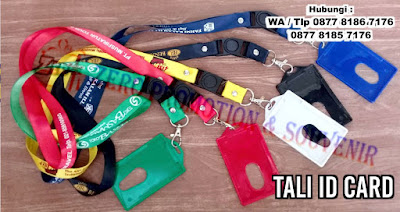 Tali Id polos / sablon, Tali Name Tag/ Lanyard Pro, Jepitan Garis / Plastik, id Card / card Member magnetic kosong, tali HP / USB, Yoyo + Logo Id / nama perusahaan/ organisasi dapat dicetak dengan sablon dan printing (bisa full color)