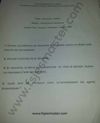 Exemple Examen Licence S1 Epreuve Introduction à l’économie - Fsjes Souissi