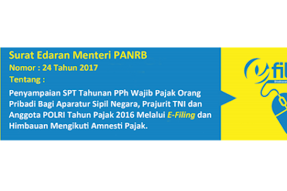 Penyampaian SPT Tahunan PPh Wajib Pajak Orang Pribadi Bagi Aparatur
Sipil Negara, Prajurit TNI dan Anggota POLRI Tahun Pajak 2016 Melalui
E-­Filing dan Himbauan Mengikuti Amnesti Pajak