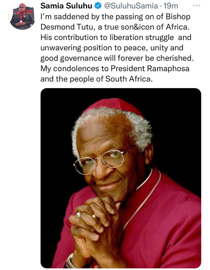 Rais Samia Suluhu Atuma Salamu za Pole Kwa Rais Ramaphosa Kufuatia Kifo Cha Askofu Desmond Tutu