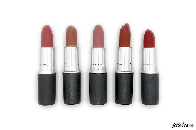 MAC Powder Kiss Lipsticks (L-R): A Little Tamed, Mull It Over, Sulltriness, Devoted to Chili, Werk Werk Werk