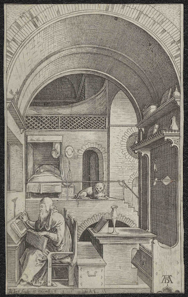 Imagen 174B | Impresión de Jerome en su estudio. Conservado en la Biblioteca de la Universidad de Gante. | Anónimo / Atribución-Compartir Igual 4.0 Internacional