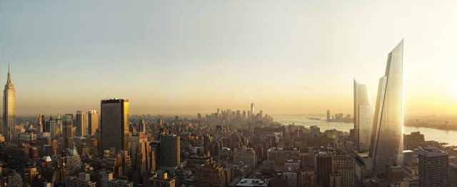 Photo of new towers at sunset with lower Manhattan skyline in the distance