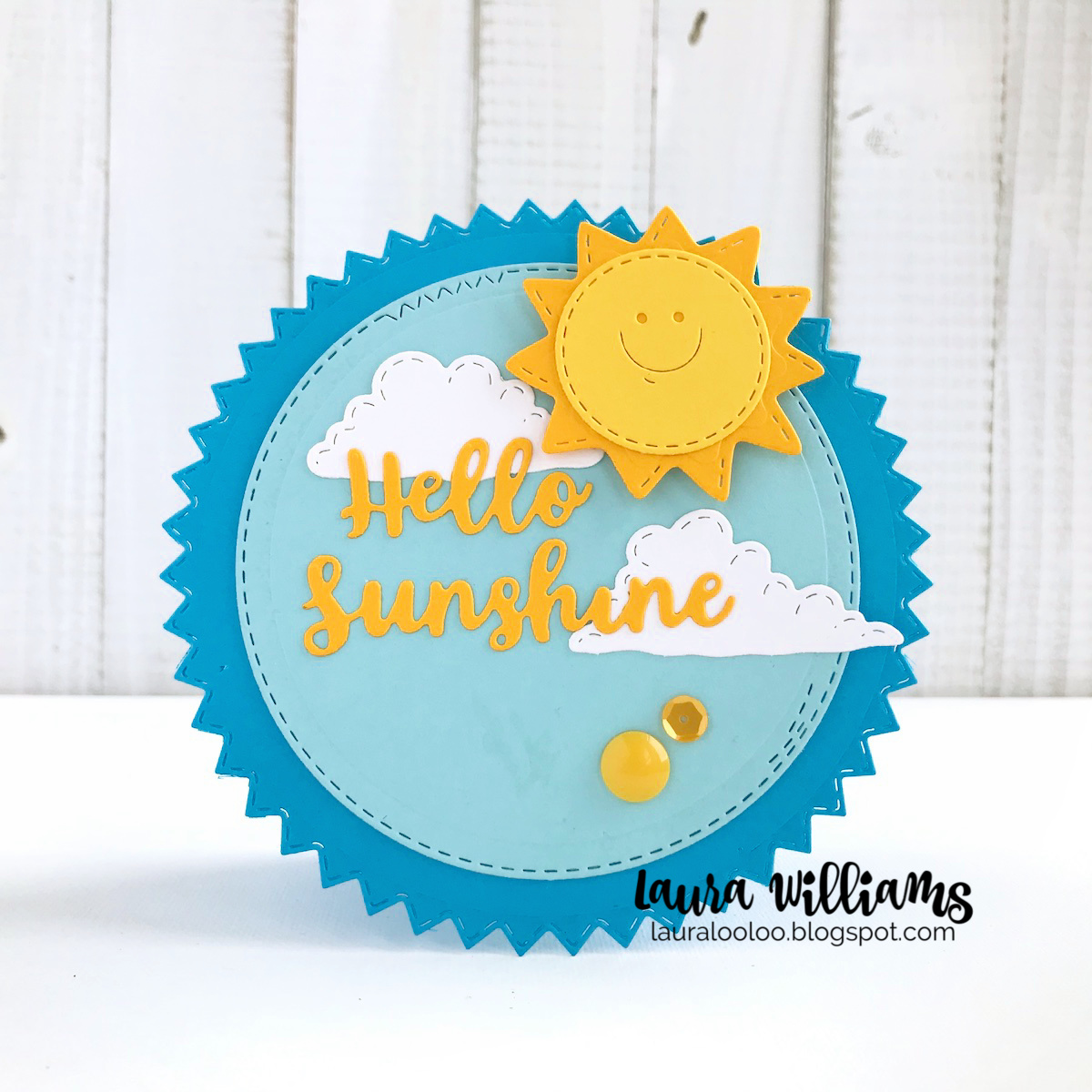 Make a Circle Shaped card with the Sunny Face and Stitched Clouds dies from Impression Obsession. Find this and other sunshine die cutting ideas on my blog! #cardmaking #diecutting #iostamps