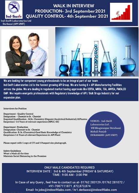 Job Availables, Ind Swift Laboratories Ltd Walk-In Interviews for B.Pharm/ Bsc/ Msc Chemistry/ Organic/ Analytical/ Industrial