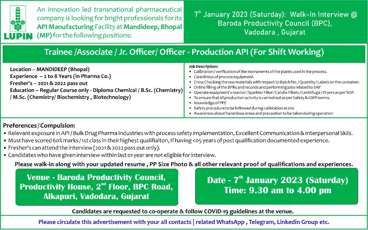 Job Availables, Lupin Walk In Interview For Production Department For Diploma Chemical / B.Sc. (Chemistry)/ M.Sc. (Chemistry)/ Biochemistry, Biotechnology