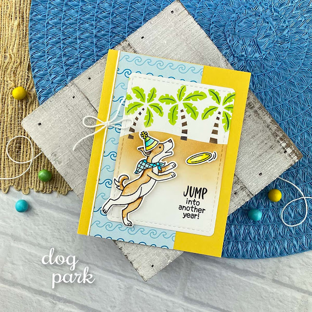Dog Birthday Card by Jennifer Jackson | Dog Park Stamp Set, Palm Tree Line Stencil, Summertime Paper Pad and Frames & Flags Die Set by Newton’s Nook Designs #newtonsnook
