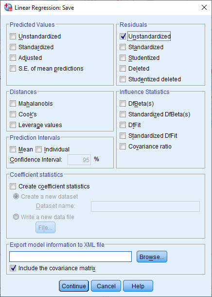 Kotak dialog linear regression: save