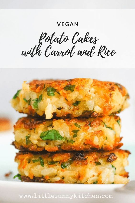 Vegan potato cakes made with leftover mashed potatoes, rice, carrots, onions and parsley! These potato cakes are crispy and lovely from the outside, but super soft from the inside. They are so easy to make, and the kids love them. Naturally gluten-free, and suitable for toddlers. Also great for freezing and make ahead meals. #veganpotatocakes #potatocakes #potatopacakes #potatofritters #mashedpotatocakes