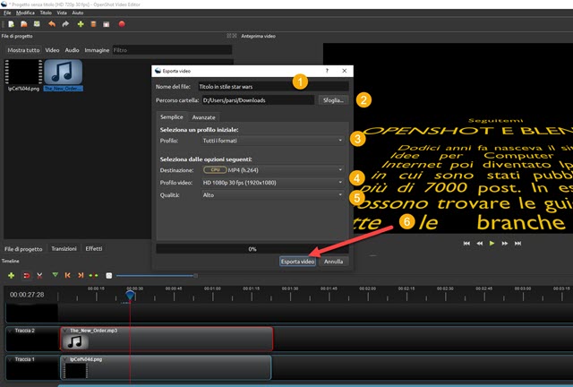 esportazione del video in stile star wars con sottofondo musicale