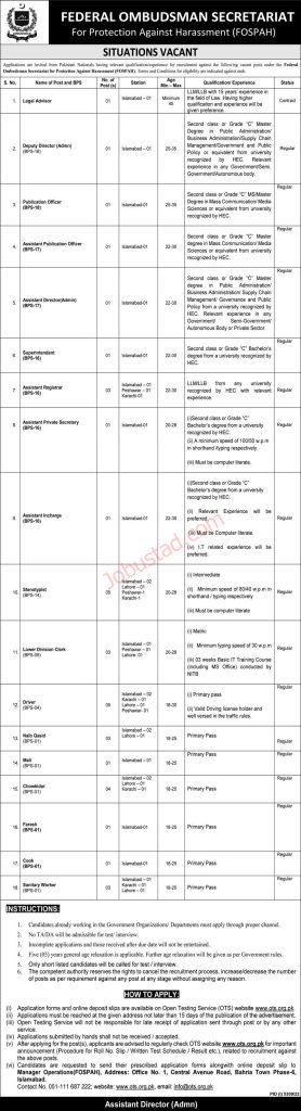 Latest Wafaqi Mohtasib Secretariat Jobs 2023