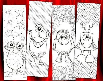 4 cute monsters coloring bookmarks