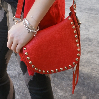 silver bracelet stack, Rebecca Minkoff unlined saddle bag in cherry red | Away From Blue