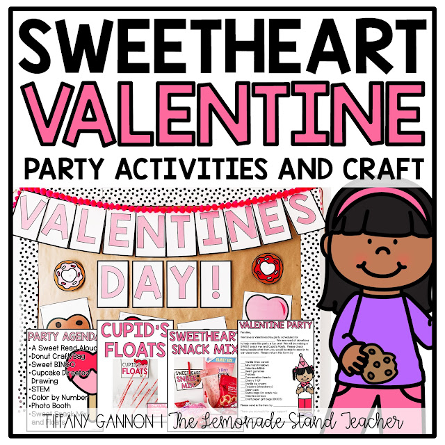 Looking for easy prep classroom Valentine’s Day party ideas?!  This resource contains printable decorations, stations, crafts, snack ideas, STEM, and more.  These fun activities are perfect for hosting a fun sweet themed party in the classroom!