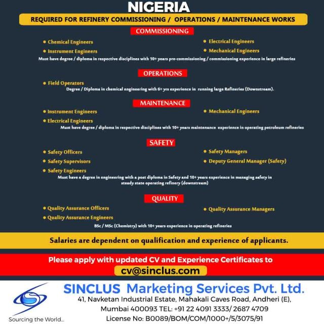 Job Vacancies in Nigeria 2022 - Refinery Project