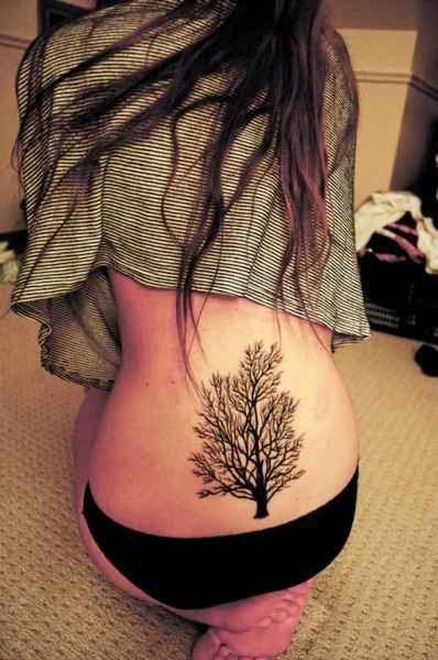 White Women With Black Color Ink Tattoo, Women Back With Black Tree Tattoo, Black Tree Tattoo For Women, Women Lower Hip Back Black Color Tree Tattoo, Women, Parts, Artist,