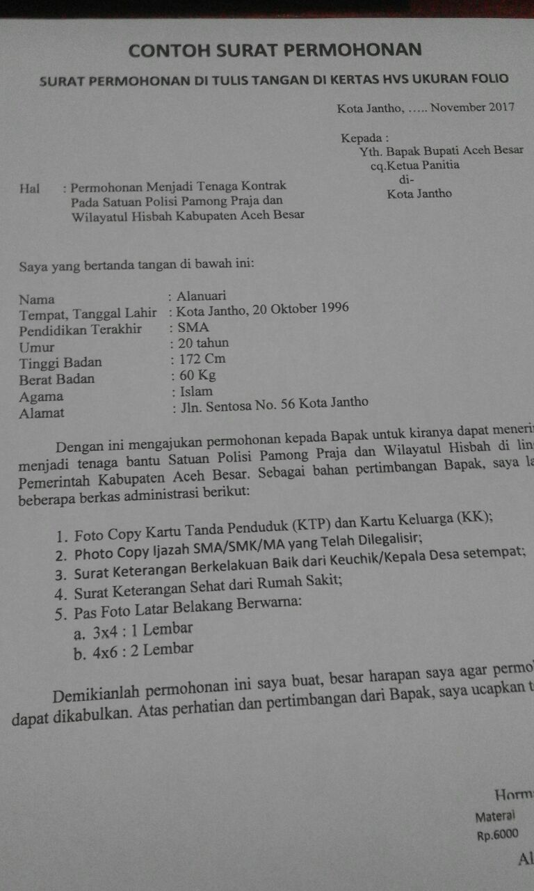 contoh surat lamaran kerja tulis tangan kertas hvs - contoh