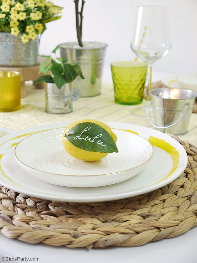 A Lemon Themed Tablescape for Summer - easy DIY crafts and ideas to style a pretty summer table! by BirdsParty.com @birdsparty #lemon #lemontable #tablescape #tabledecor #tablesetting #lemontablescape #summertable #lemontablescape #lemondecor #lemondi