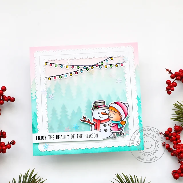 Sunny Studio Stamps: Snow One Like You Card by Isha Gupta (featuring Forest Tree Stencils, Fancy Frame Dies, Scene Route, Inside Greetings)