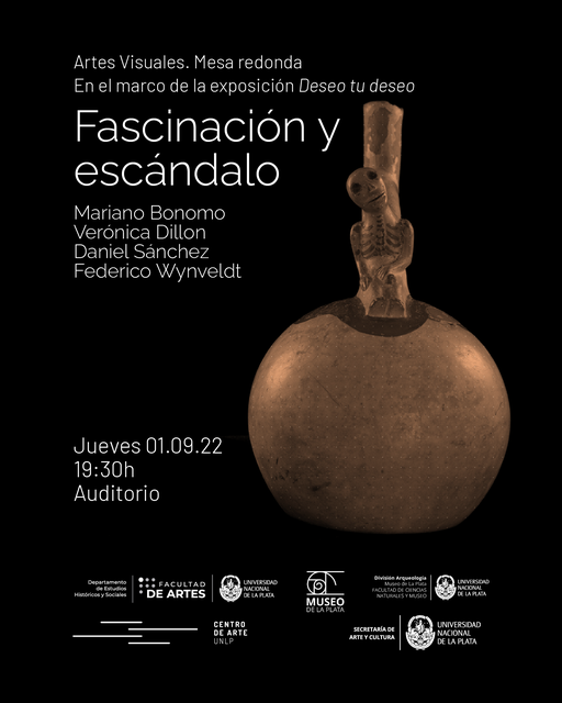 Flyer de difusión de la charla "Fascinación y escándalo".Sobre fondo negro e imagen de vasija esférica de cerámica con una figura de pequeño esqueleto apoyada sobre el pico