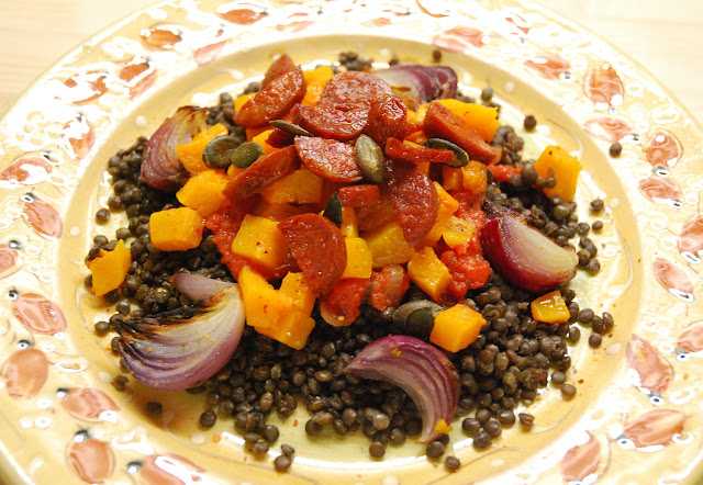 Lentilles à la courge rôtie et au chorizo