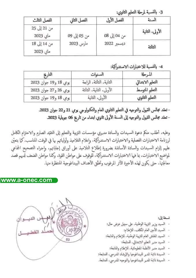 أعلنت وزارة التربية الوطنية، اليوم الأحد، عن رزنامة الاختبارات الفصلية للسنة الدراسية 2022-2023