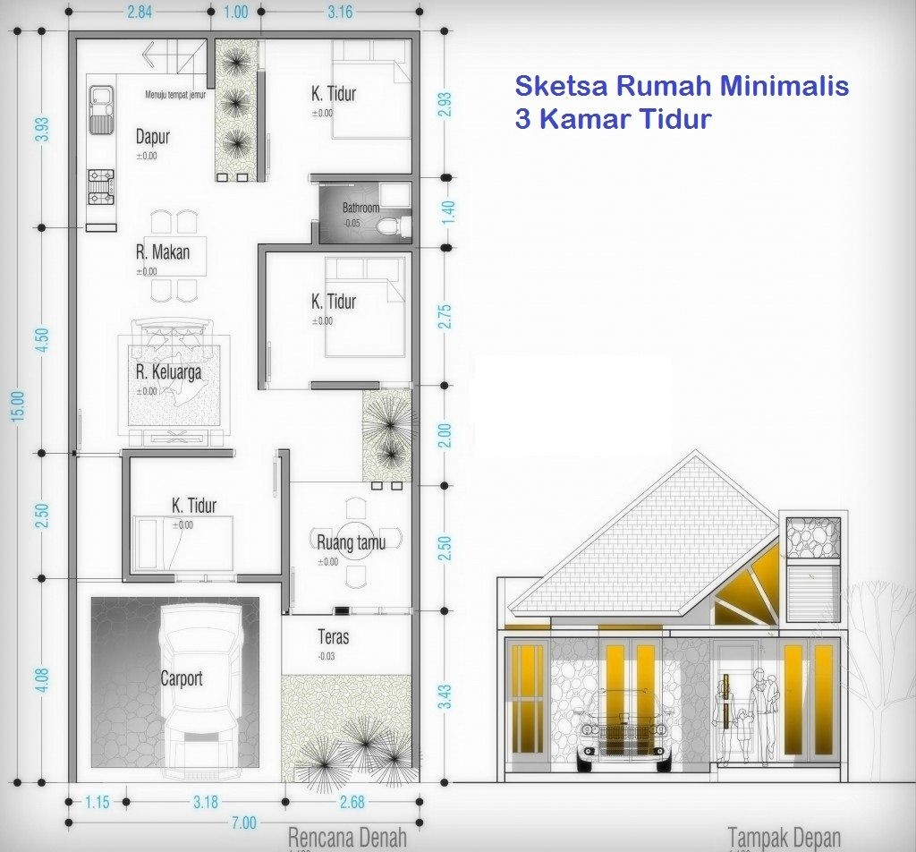 Denah Rumah 3 Kamar Ukuran 7x12