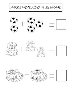 Dibujo de Lamina para aprender a sumar con pelotas, carros y muñecas, para Colorear