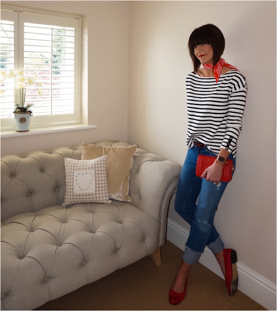 My Midlife Fashion, Zara striped top, Zara paisley design scarf, straight legged turn up jeans, red patent quilted ballet pumps, leather quilted bag