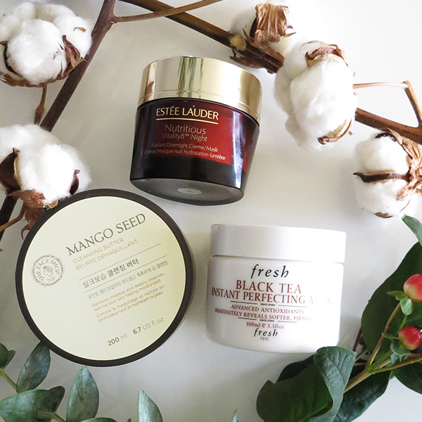 Hydrating skincare finds perfect for winter featuring: Estee Lauder Estee Lauder Vitality8 Night Radiant Overnight Creme/Mask, The Face Shop Mango Seed Cleansing Butter, Fresh Black Tea Instant Perfecting Mask