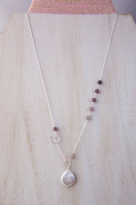 asymmetrical handmade pendant necklace white coin pearl purple grey ombre arrow statement
