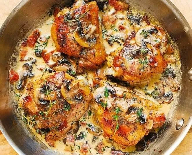 Chicken Thighs with Creamy Bacon Mushroom Thyme Sauce