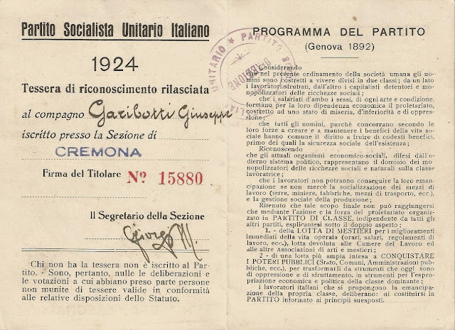 tessera Partito Socialista Unitario PSU 1924 - interno