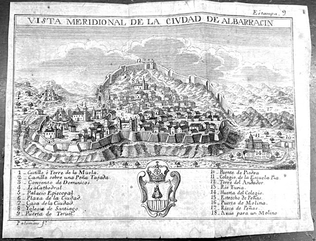 Vista Meridional de Albarracín en 1779. Grabado por Palomino.