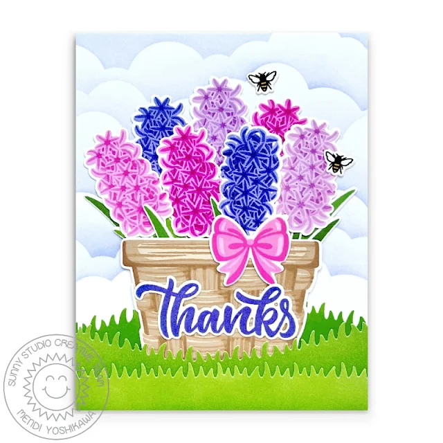 Sunny Studio Hyacinth Floral Flowers Thank You Card (using Spring Bouquet, Big Bold Greetings & Layered Basket Stamps, Slimline Nature Border Dies)