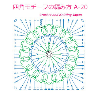 Crochet and Knitting Japan かぎ編みの玉編みで作る四角モチーフです。長編み２目の玉編み、長編み４目の玉編み、鎖編み、長編み、長々編みで編みます。