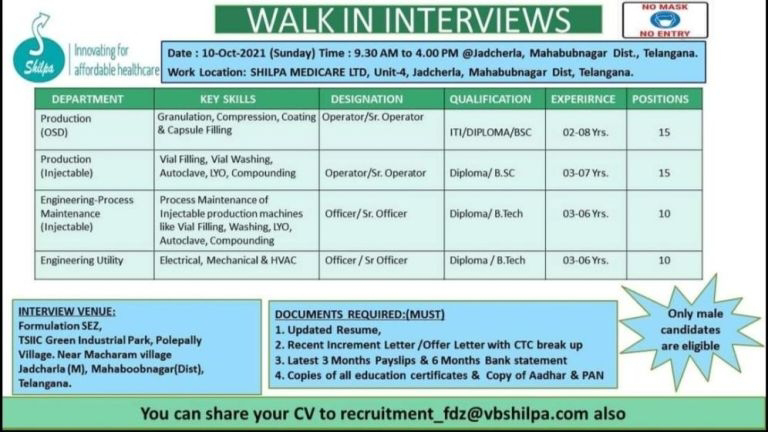 Job Availables,Shilpa Medicare Limited (SML) Walk-In-Interviews for Bsc/B.Tech/ITI/Diploma