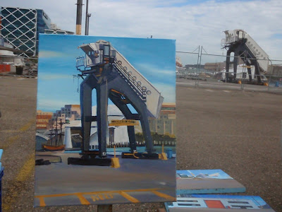 plein air oil painting of the demolition of the Cruise Ship Terminal at the East Darling Harbour Wharves by industrial heritage artist Jane Bennett