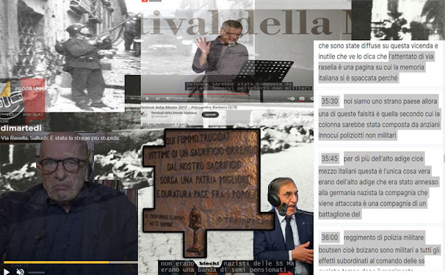 In alto a sinistra e sullo sfondo le immagini del luogo dell'attentato. Al centro in alto e sulla destra l'intervento di Alessandro Barbero al Festival della Mente nel 2017. In basso a sinistra Sallusti alla trasmissione DiMartedì. Al centro una targa commemorativa e di fianco La Russa intervistato da LiberoTv