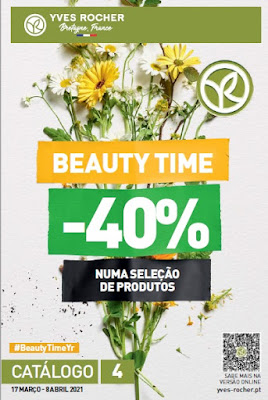 Foto montagem com fundo branco com flores do campo brancas e amarelas num ramo e sobre as flores uma faixa amarela escrito Beauty Time, abaixo uma faixa verde escrito -40% em branco e mais abaixo uma faixa menor em preto com a frase Numa Seleção de Produtos, logo da Yves Rocher, QR-Code do Catálogo 04 de Yves Rocher, data de 17 de março - 8 de abril 2021.