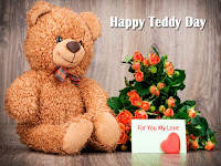 teddy day images, a cute light brown color teddy sitting with bunch of flowers and love message