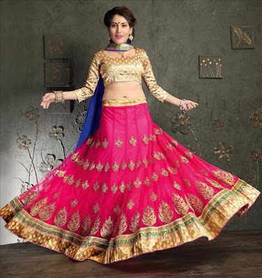 Embroidered Pink color Lehnga with Blue color Dupatta with Brocade Blouse
