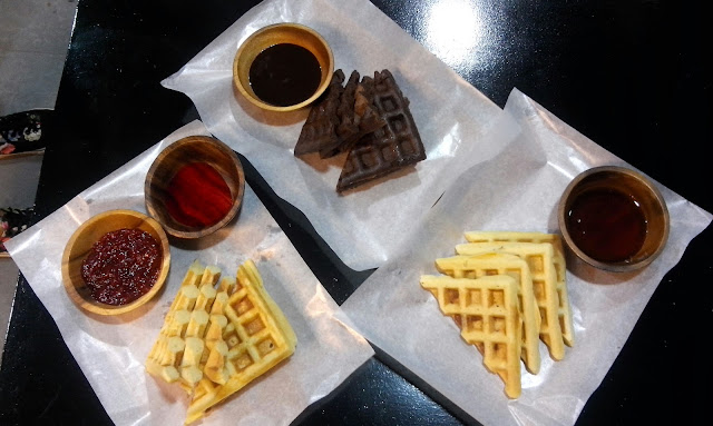 tambayan 101 Waffles in strawberry, chocolate and bacon!