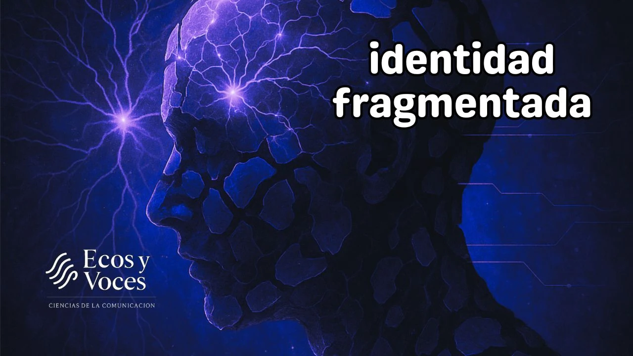 Una silueta humana, descompuesta en fragmentos translúcidos, se disuelve en una red de neuronas iluminadas, mientras hilos de luz conectan los fragmentos dispersos. El fondo es una mezcla de tonos oscuros con destellos cálidos que simbolizan la esperanza. Esta imagen representa la fragmentación del yo tras el trauma y el esfuerzo por reconstruir una identidad coherente.