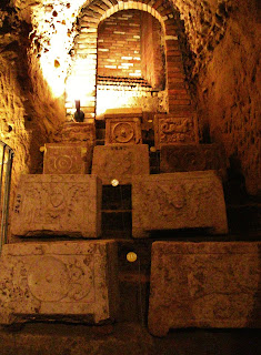 Ancient Etruscan ossuaries or funeral urns underground in Chiusi, Province of Siena, Tuscany, Italy