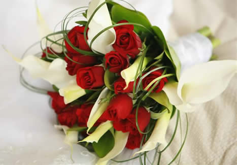 red and white rose bouquet. Above is a red spray rose