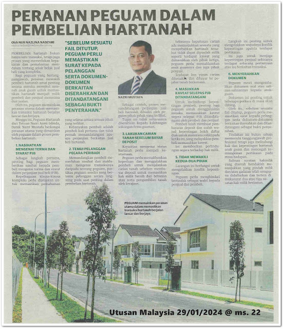Peranan peguam dalam pembelian hartanah | Keratan akhbar Utusan Malaysia 29 Januari 2024