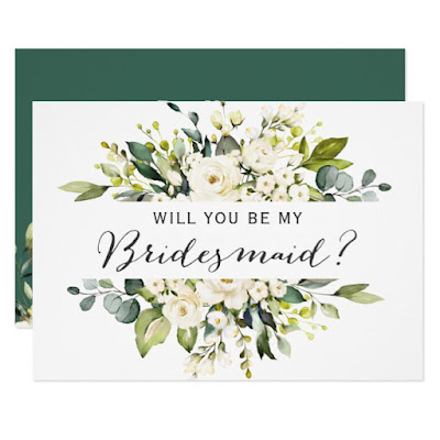  Be My Bridesmaid White Roses Floral Bouquet Invitation