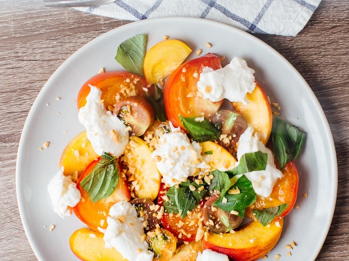 peach, mozzarella, tomato, salad, food, cook, recipe